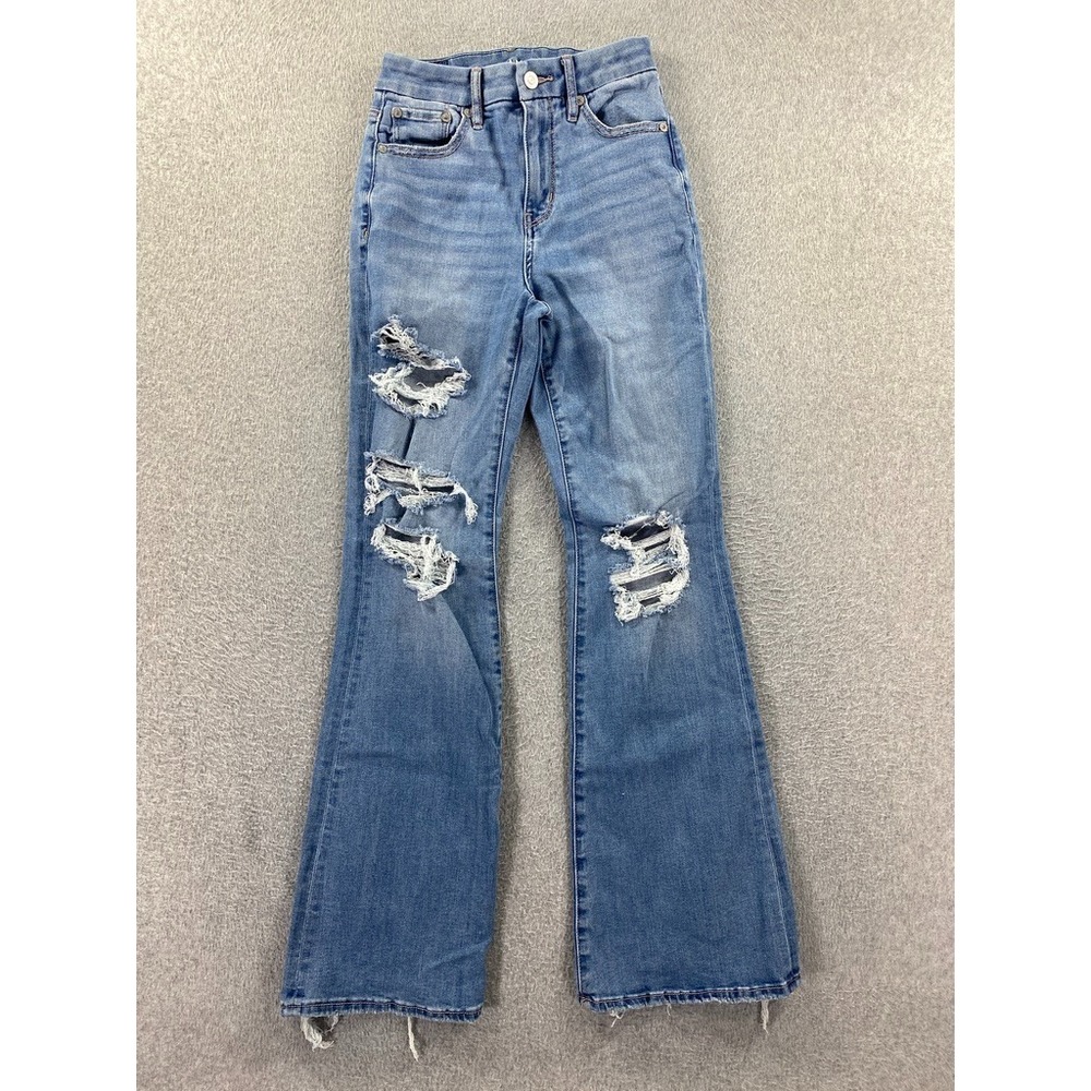 American Eagle Jeans Womens 00 Curvy Super High Rise Flare Stretch Ripped Denim‎